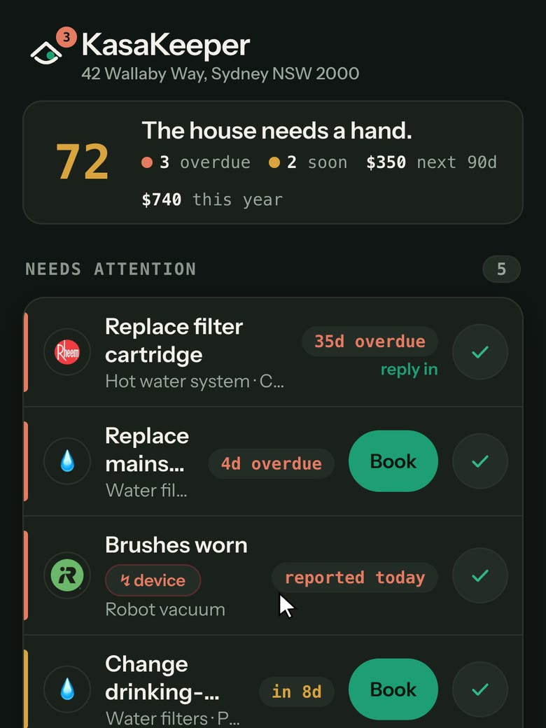 The home screen on a phone: a score of 72 with 'The house needs a hand', then Needs attention listing five jobs, two of them with a Book button