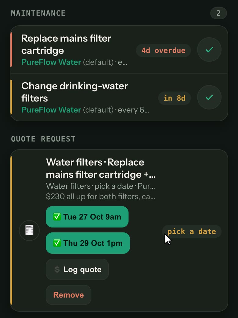 A water filter's page: the trade's reply on the quote card, $230 all up for both filters, with two offered dates to tap, Tue 27 Oct 9am and Thu 29 Oct 1pm